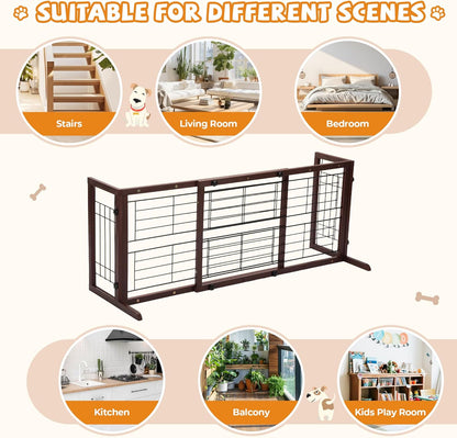 COZIWOW 38-67" Dog Gate Indoor, Free Standing Pet Gate for Doorways Extra Wide, Wooden Fence Puppy Safety Gates for The House, Stairs, Hallway, No Drilling Required,Brown