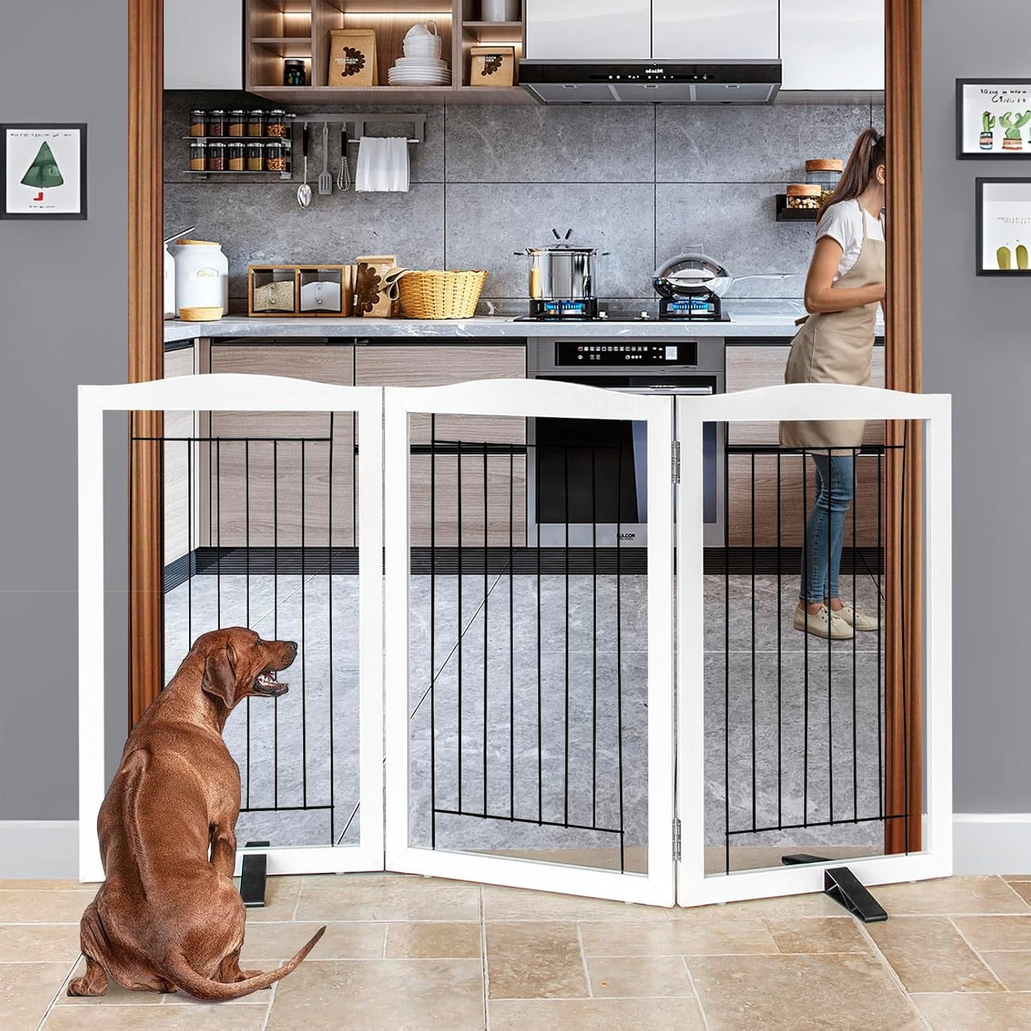 ZJSF Freestanding Dog Fence Indoor, Foldable Dog Gate for Doorways, Stairs or Hallways, Sturdy Wood Extra Wide Pet Gate with Support Feet for The House, White, 24 "Height-3 Panels