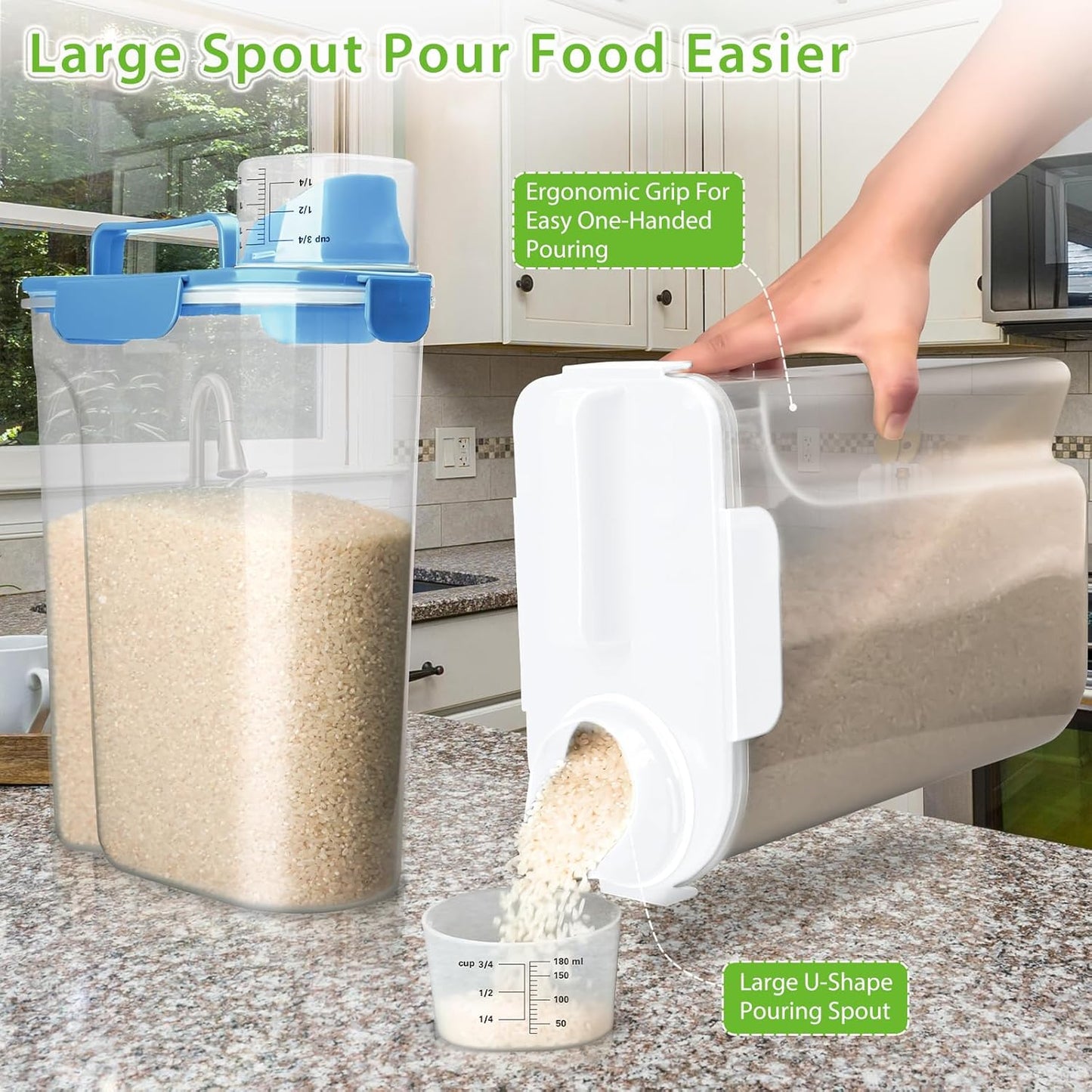 Viretec Rice Airtight Storage Container, 3 to 5Lbs Cereal Dry Food Flour Bin, Pet Dog Cat Food Dispenser with Measuring Cup, BPA Free Clear Plastic Kitchen and Pantry Organization Bin for Sugar