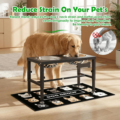 SHAINFUN Metal Elevated Dog Bowls Stand for Large Dogs with Mat & Three 58oz Food Water Bowls, Adjustable Height Raised Dog Bowl Stand