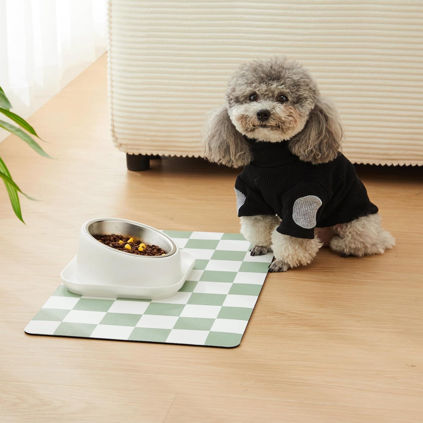 Checkered Dog Feeding Mat, Absorbent Mats for Dog Food and Water Bowl, Dispenser, Retro Aesthetic Khaki Beige Checkerboard Pet Placemat for Dogs, Cats, Puppy Accessories, 12" X 19”