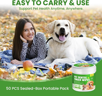 No-Rinse Dog Dental Care Wipes, Cat & Dog tooth brushing kit, Dog Wipes for Pet & Cat Teeth Cleaning, Dog toothbrush Finger Dental Wipes to Remove Plaque & Tartar, Disposable Dog Wipes - 50 Count