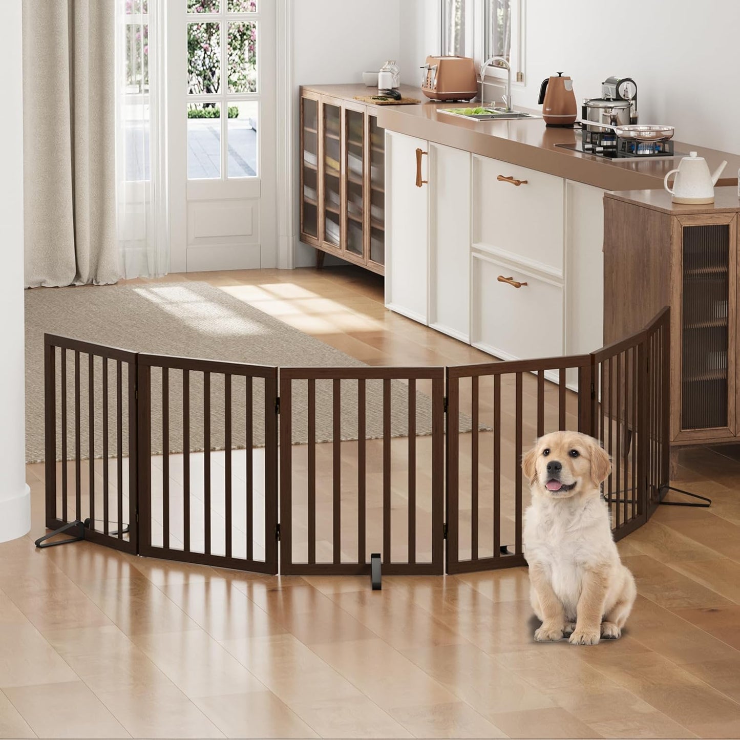 Freestanding Foldable Dog Gate - 4 Panel Room Divider with Metal Support Feet (Black)