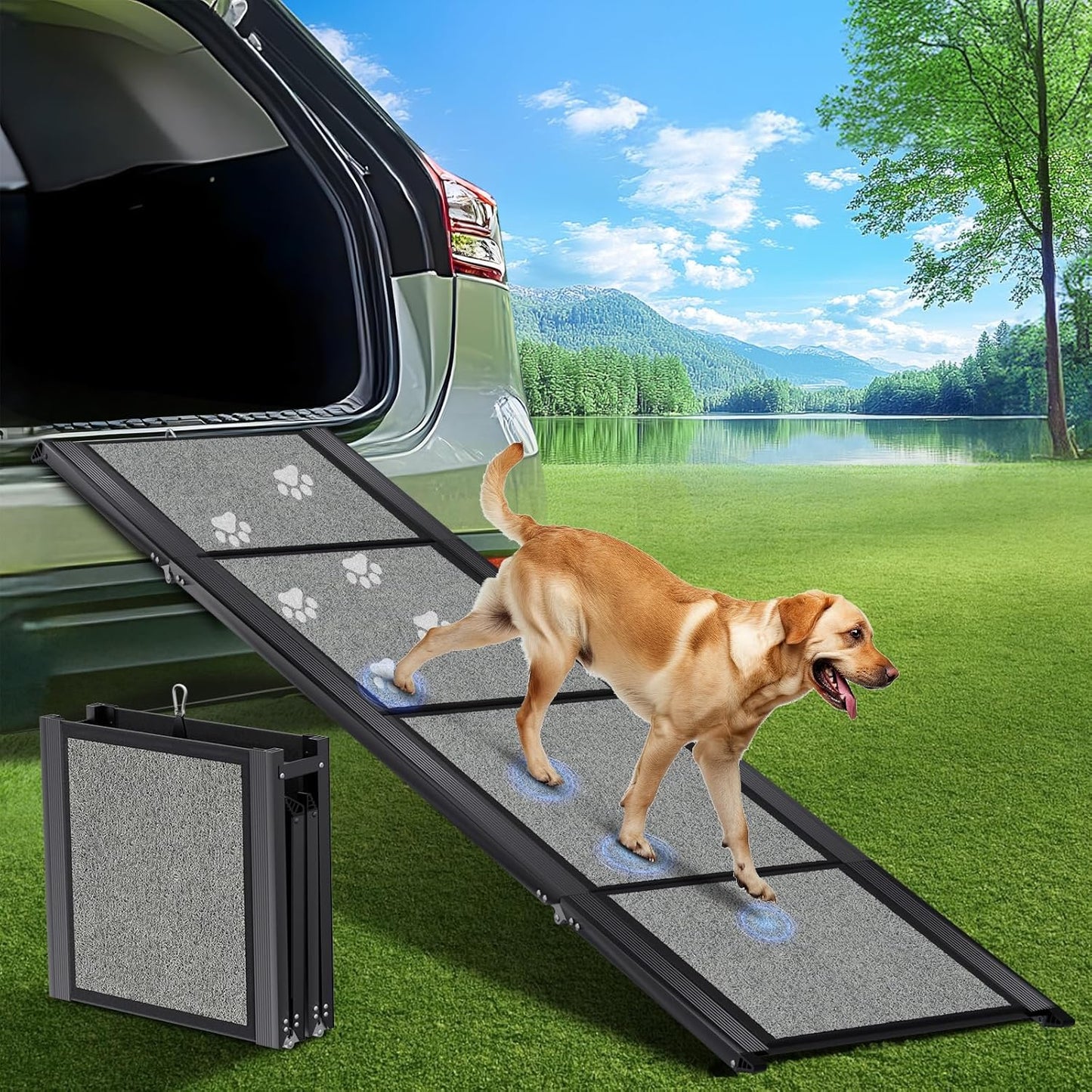 Dog Ramp for Car 71"x 20" Large DogFolding Pet Stair Ramp for Truck, SUV, with Non-Slip Surface, Up to 250LBS, Portable PetSteps