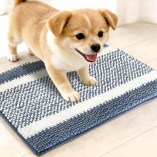 pobopobo Dog Door Mat for Muddy Paws - Absorbent & Washable Chenille Rug, Non-Slip Dirt Trapper for Indoor Outdoor Entryway, Quick Dry Pet Mat for Muddy Dogs (Striped Gray-Blue&White, 24" x 16")