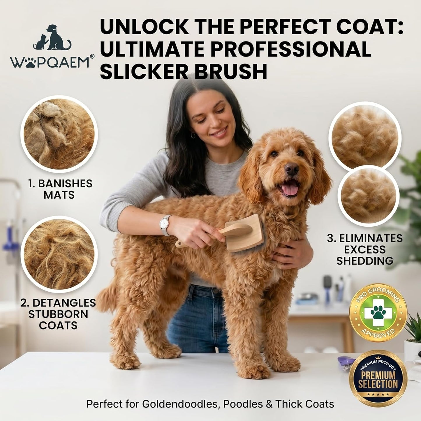 WPQAEM Dog Slicker Brush Set for Detangling & Shedding, Deep Grooming Kit for Thick, Curly & Double Coats (Goldendoodle, German Shepherd), Includes Metal Comb, Cleaning Tool & Bath Brush