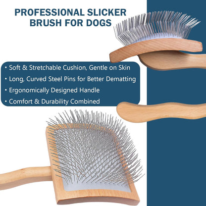 Slicker Brush for Dogs (Goldendoodles, Poodles) - Detangle, Fluff & Style Like a Pro | with Combs and Dog Bath Brush (4PCS, Wooden, Large)