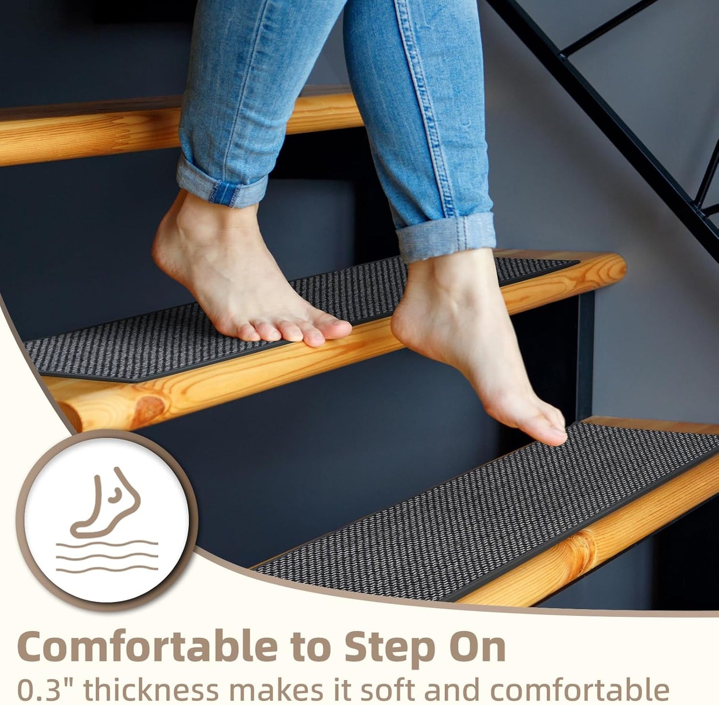 Art3d Stair Treads for Wooden Steps 15Pcs, 8" X 30" X 0.3" Non Slip Stair Runner Rugs with Reusable Adhesive for Elders Kids and Dogs, Washable Peel and Stick Stair Treads Carpet, Gray