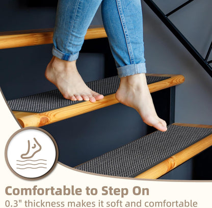 Art3d Stair Treads for Wooden Steps 15Pcs, 8" X 30" X 0.3" Non Slip Stair Runner Rugs with Reusable Adhesive for Elders Kids and Dogs, Washable Peel and Stick Stair Treads Carpet, Gray