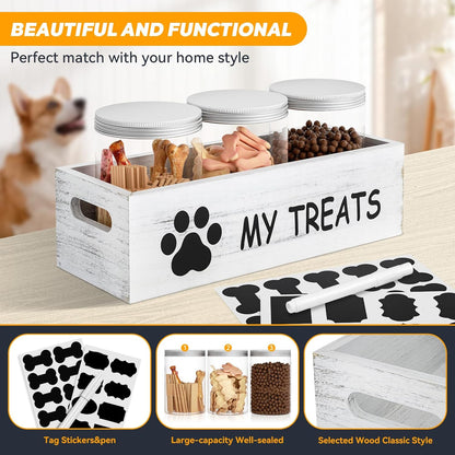 qeerable Dog Treat Container Airtight Storage Jars Set of 3 - Clear Plastic Pet Treat Canister with Lids - Dog Food Container for Countertop Organization (grey)