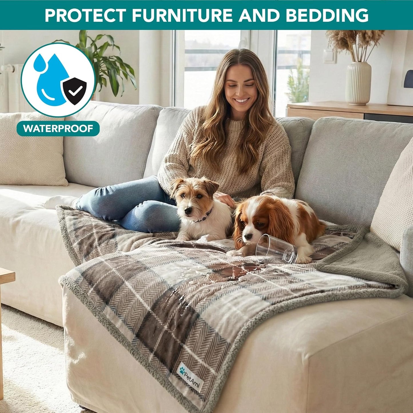 PetAmi Waterproof Dog Blanket for Couch, Large 60x40, Pee Proof Sherpa Fleece Reversible Pet Throw, Furniture Protector for Bed Sofa Kennel, Soft Washable Cover for Medium Dogs Cats, Grey Sherpa