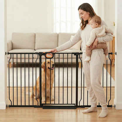 Baby Gates Extra Wide for Doorways 90.6-95.2 Inch Extra Wide Pressure Mounted Baby Dog Gate for the House Indoor Large Openning Metal Safety Gate No Drilling with Walk-Through Door,Black