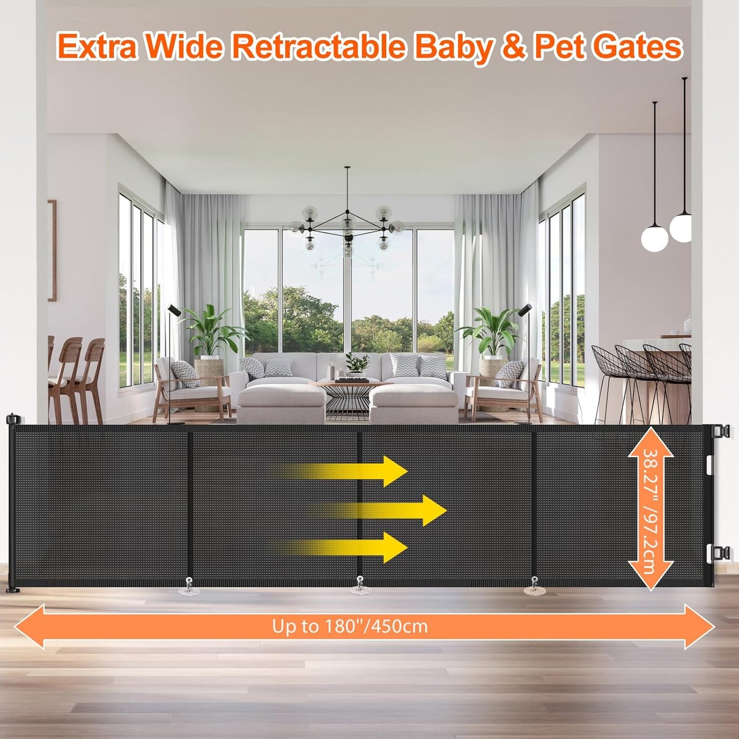 Upgrade 120 inch Retractable Baby Gates, EZIGO Extra Wide Baby Gate for Large Opening Extra Long Mesh Gate for Kids or Pet Dog Gate Child Safety Gate for Stairs Hallways Doorway Indoor Outdoor, Gray