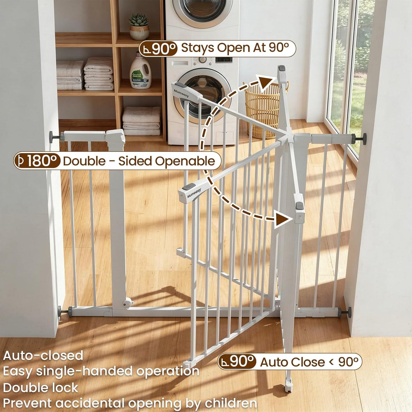 Mumeasy 29.7-46" Baby Gate for Stairs, Pressure Mounted Dog Gate for Doorways, Auto Close Walk Through Pet Gate Indoor, Extra Wide Metal Child Safety Gate, Mom's Choice Awards Winner, Black