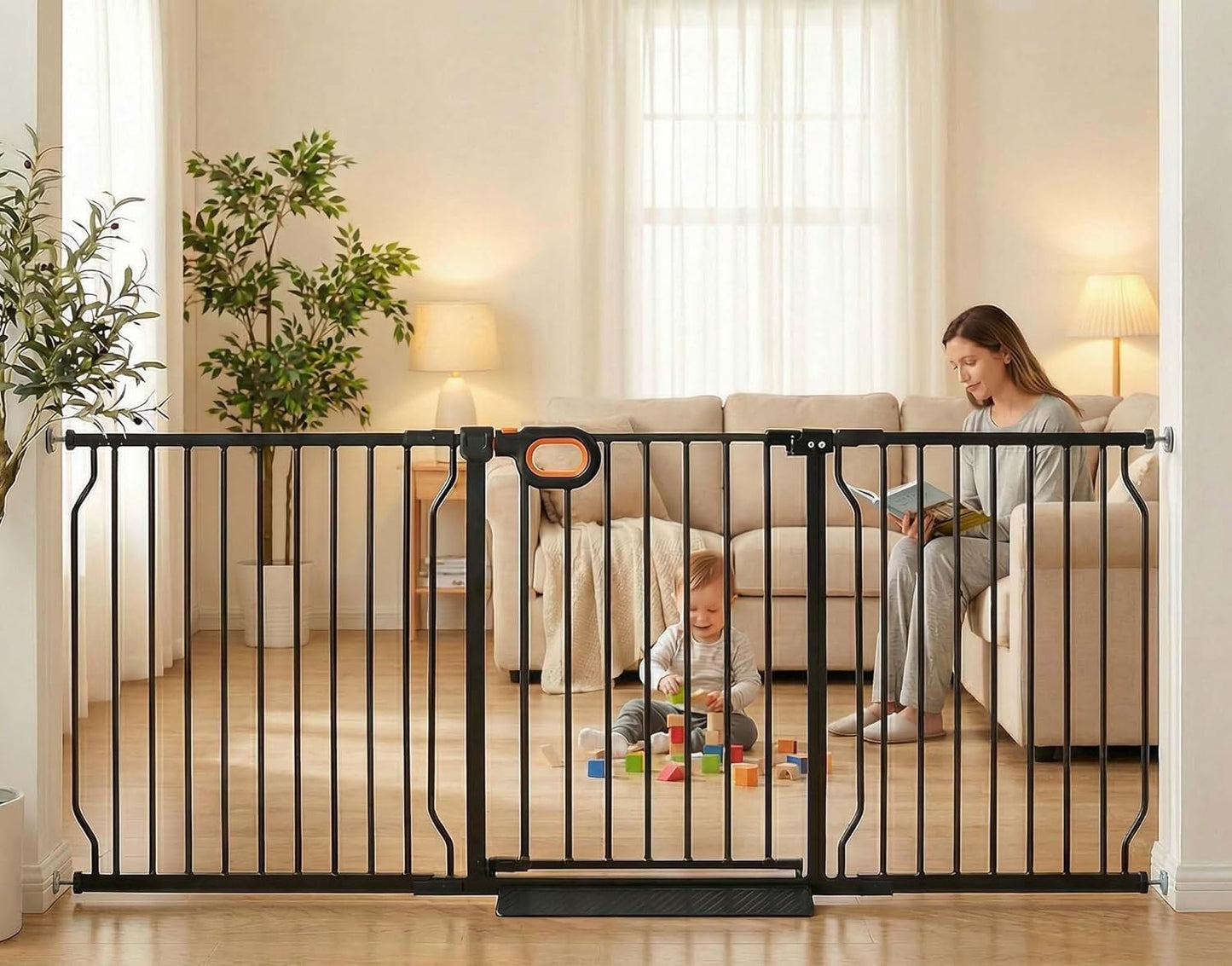 Baby Gates Extra Wide for Doorways 90.6-95.2 Inch Extra Wide Pressure Mounted Baby Dog Gate for the House Indoor Large Openning Metal Safety Gate No Drilling with Walk-Through Door,Black