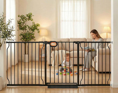 Baby Gates Extra Wide for Doorways 90.6-95.2 Inch Extra Wide Pressure Mounted Baby Dog Gate for the House Indoor Large Openning Metal Safety Gate No Drilling with Walk-Through Door,Black