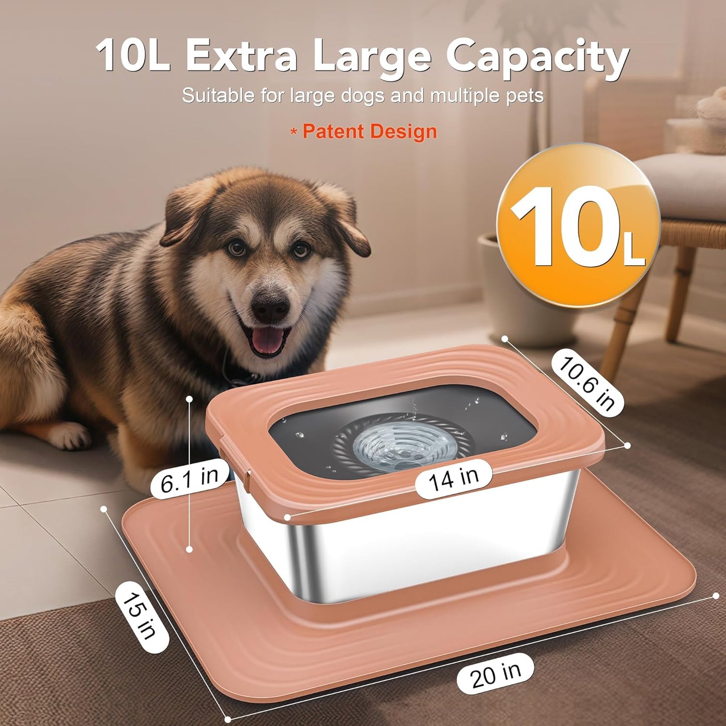 Decflow 10L Stainless Steel Dog Water Bowl, No Spill Anti-Splash Dog Bowls with XXL Silicone Mat, Spill-Proof Slow Feeder for Messy Drinkers, Heavy Duty Pet Bowls for Indoor/Outdoor Use Grey