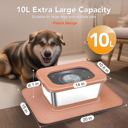 Decflow 10L Stainless Steel Dog Water Bowl, No Spill Anti-Splash Dog Bowls with XXL Silicone Mat, Spill-Proof Slow Feeder for Messy Drinkers, Heavy Duty Pet Bowls for Indoor/Outdoor Use Grey