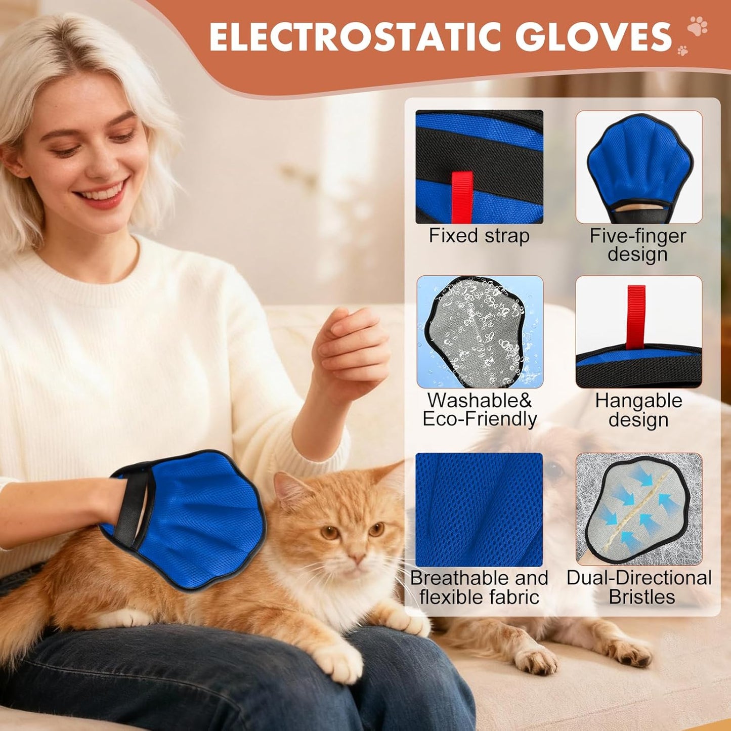 Pet Hair Removal Glove, Electrostatic Pet Hair Remover Glove for Cats & Dogs, Pet Hair Remover Tool for Laundry, Couch, Carpet, Car Seat - Upgraded Five-Finger, Reusable, Black+Black