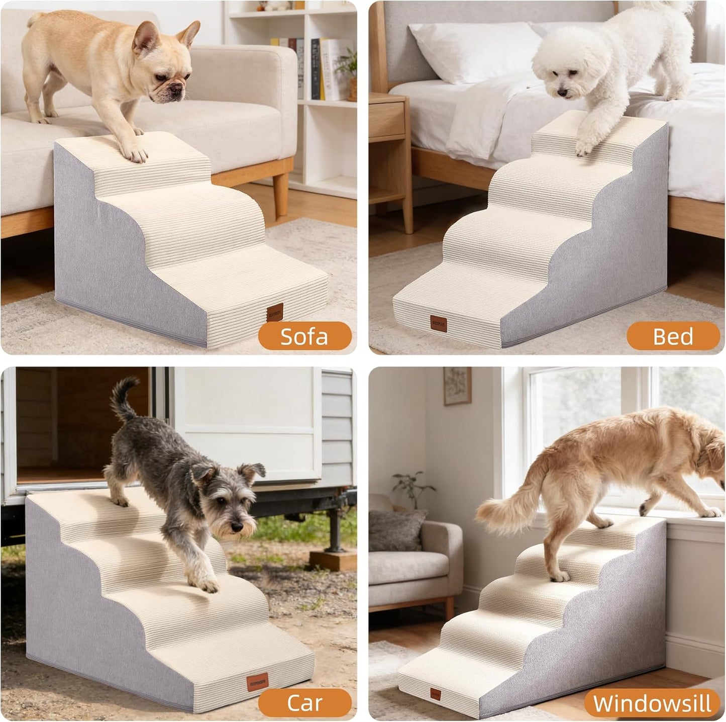 Dog Stairs for Small Dogs and Cats, 15.7" H, 3-Step Curved Pet Ramp for Couch Sofa and Chair, Non-Slip Medium Pet Steps with High Density Foam, Beige
