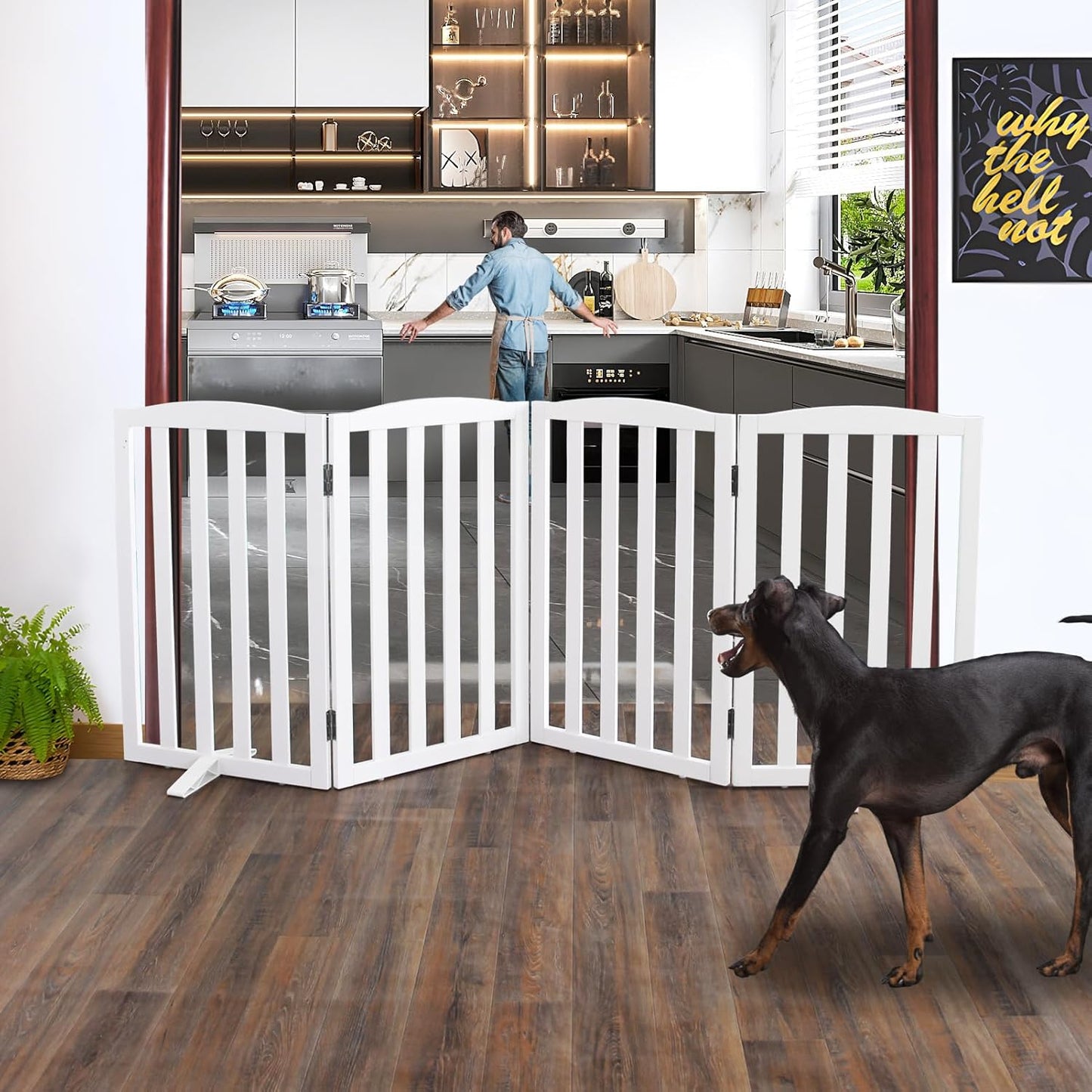 ZJSF Foldable Freestanding Indoor Dog Gate for House Wood White Long Pet Gates Dog Fence for Stairs Puppy Gates for Hallways,Pet Fence, Puppy Gate,Support Feet Included 24 "Height-3 Panels