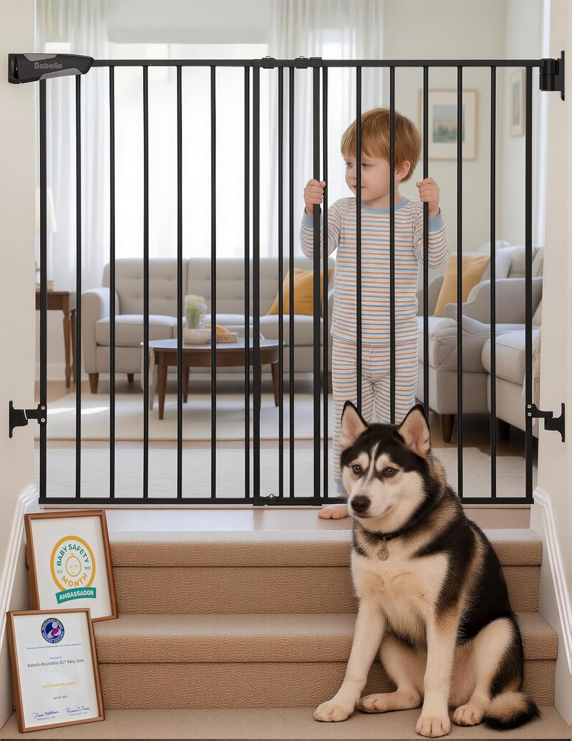 Babelio Baby Gate for Stairs, Kitchen & Doorways, 26-43" W 28" H No Bottom Bar| Easy Installation| One-Handed Operation| Auto-Close| Hardware Mount (Drill Needed) Safety Dog/Pet Gate Indoor (White)