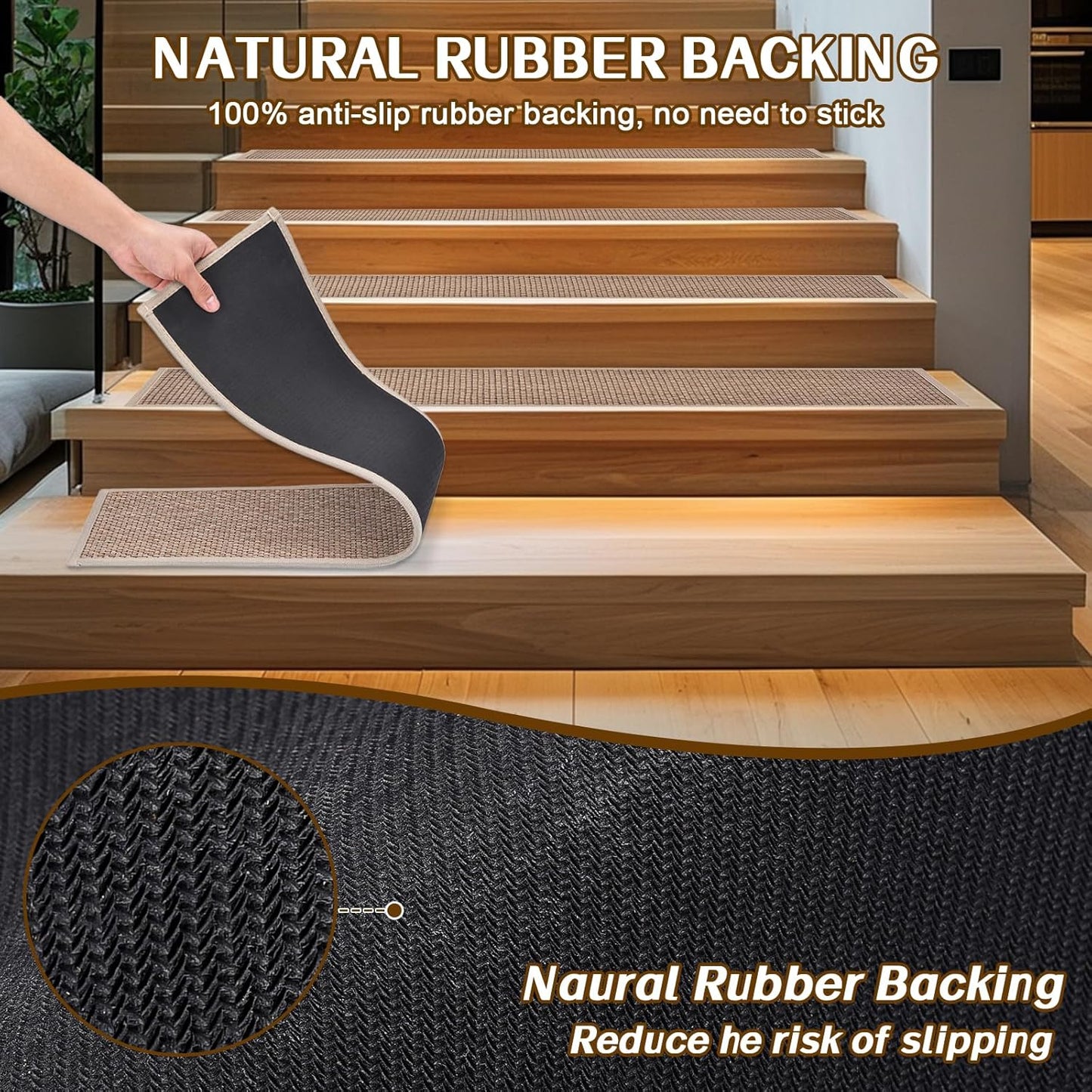 Stair Treads Non Slip, Rubber Backing Stair Treads for Wooden Steps, 15 PCS Thicken Linen Carpet Stair Runners Indoor for Kids Elders and Pets, No Residue Stair Carpet Treads, 8"x30", Beige