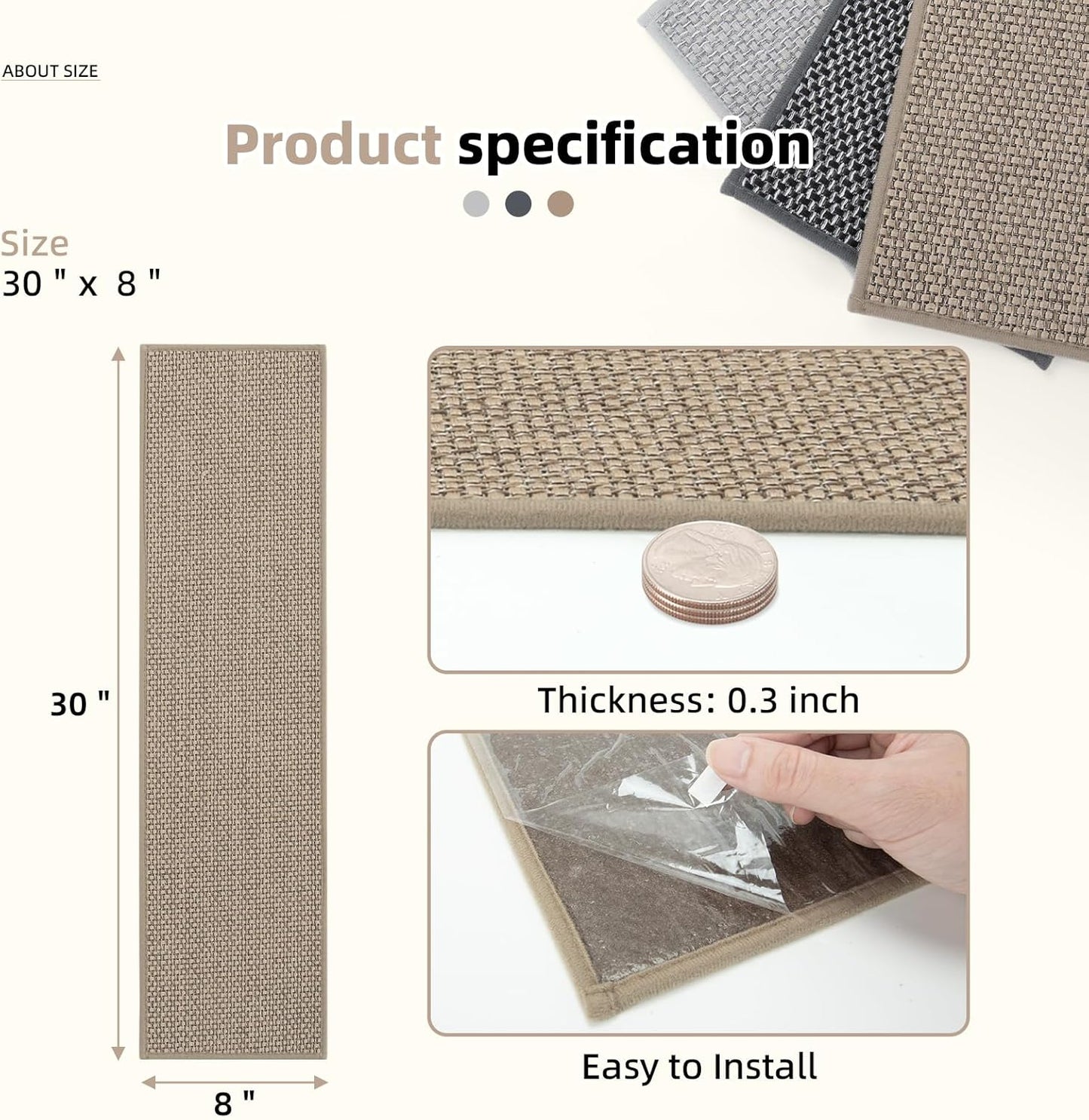 Art3d Stair Treads for Wooden Steps 15Pcs, 8" X 30" X 0.3" Non Slip Stair Runner Rugs with Reusable Adhesive for Elders Kids and Dogs, Washable Peel and Stick Stair Treads Carpet, Gray