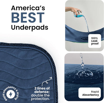 IMPROVIA® Washable Underpads, 34" x 36" (Pack of 4) - Heavy Absorbency Reusable Bedwetting Incontinence Pads for Kids, Adults, Elderly, and Pets - Waterproof Protective Pad for Bed, Couch, Sofa, Floor