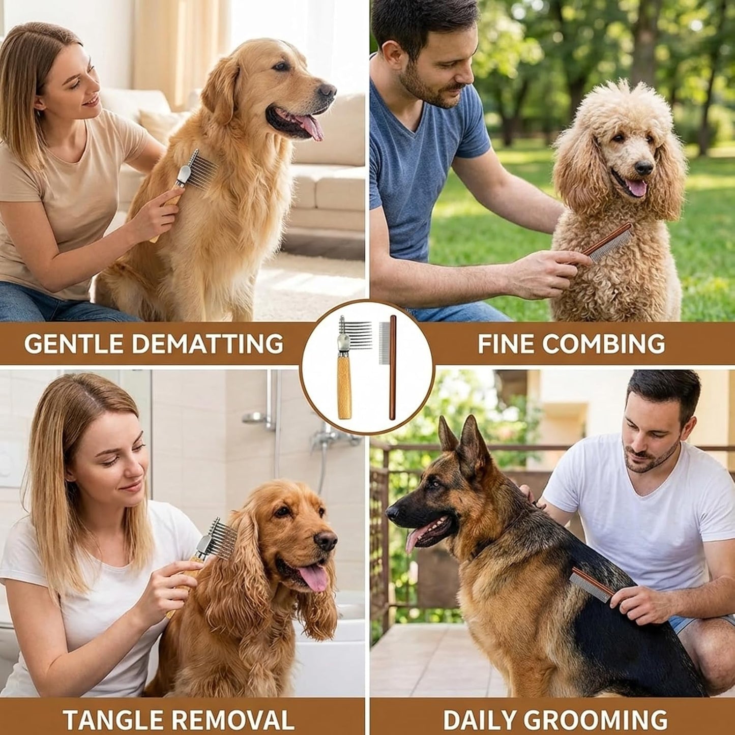 Dematting Comb for Dogs, Professional Dog Dematting Brush and Dematting Fur Rake Comb for Dogs, Long Steel Blades for Mat and Tangle Removal, Ideal for Long-Haired Breeds and Multi-Pet Households