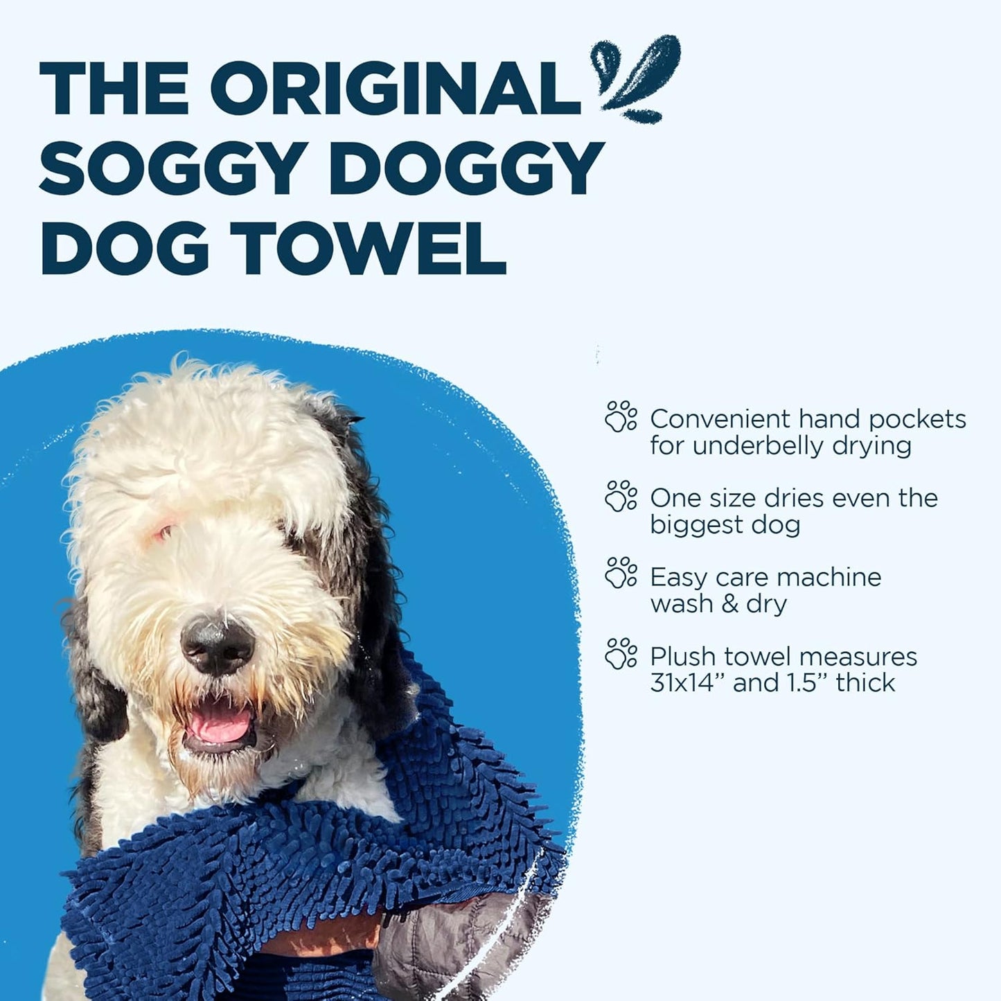Soggy Doggy Super Shammy Dog Towel – Absorbent Microfiber Chenille Pet Towel for Drying Wet Dogs, Paws, Quick Dry Dog Shammy with Hand Pockets, Machine Washable – Chocolate/Oatmeal Trim, 31” x 14”