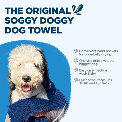 Soggy Doggy Super Shammy Dog Towel – Absorbent Microfiber Chenille Pet Towel for Drying Wet Dogs, Paws, Quick Dry Dog Shammy with Hand Pockets, Machine Washable – Chocolate/Oatmeal Trim, 31” x 14”