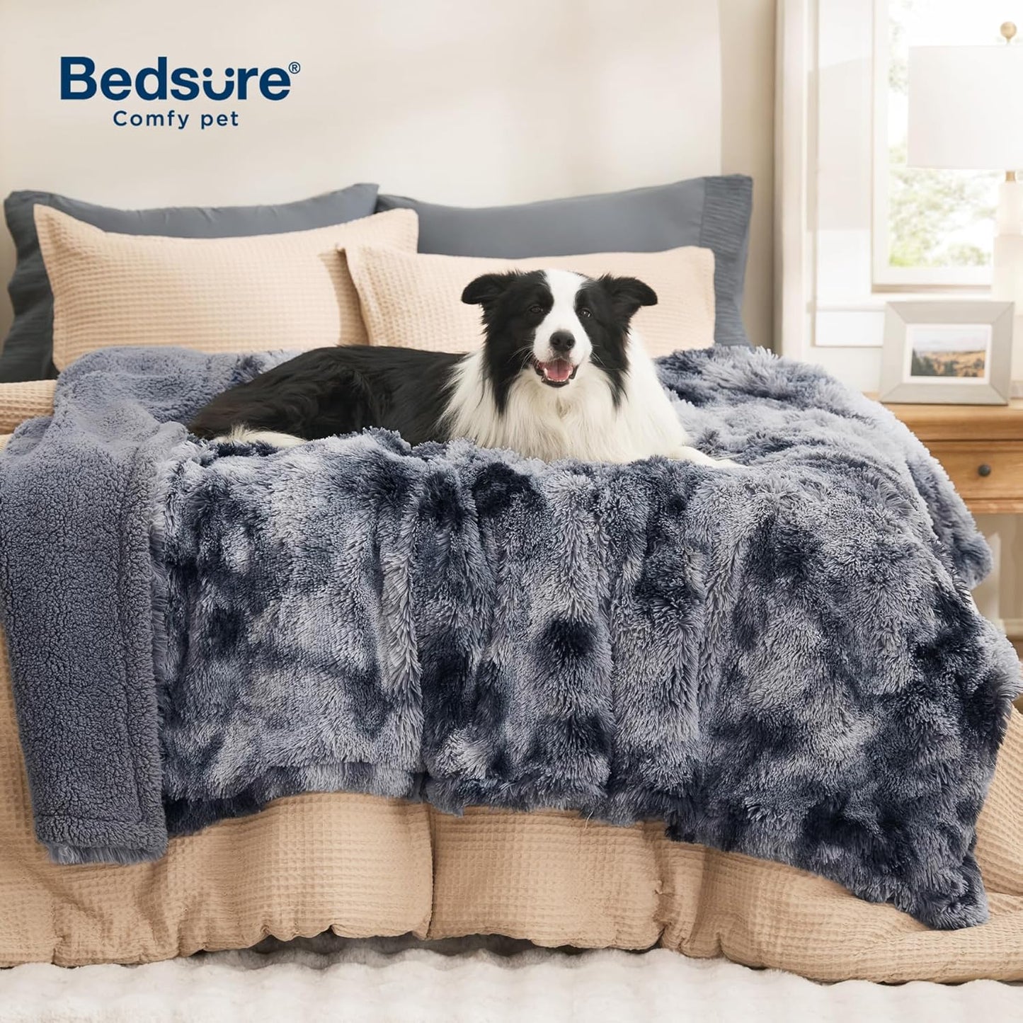 Bedsure Dog Blankets for Large Dogs, Fluffy Waterproof Dog Blanket for Couch Protector and Bed Washable, Fuzzy Faux Fur Pet Throw Blankets for Calming, Dog Accessories, XL, 50×60 inch, Tie-dye Grey