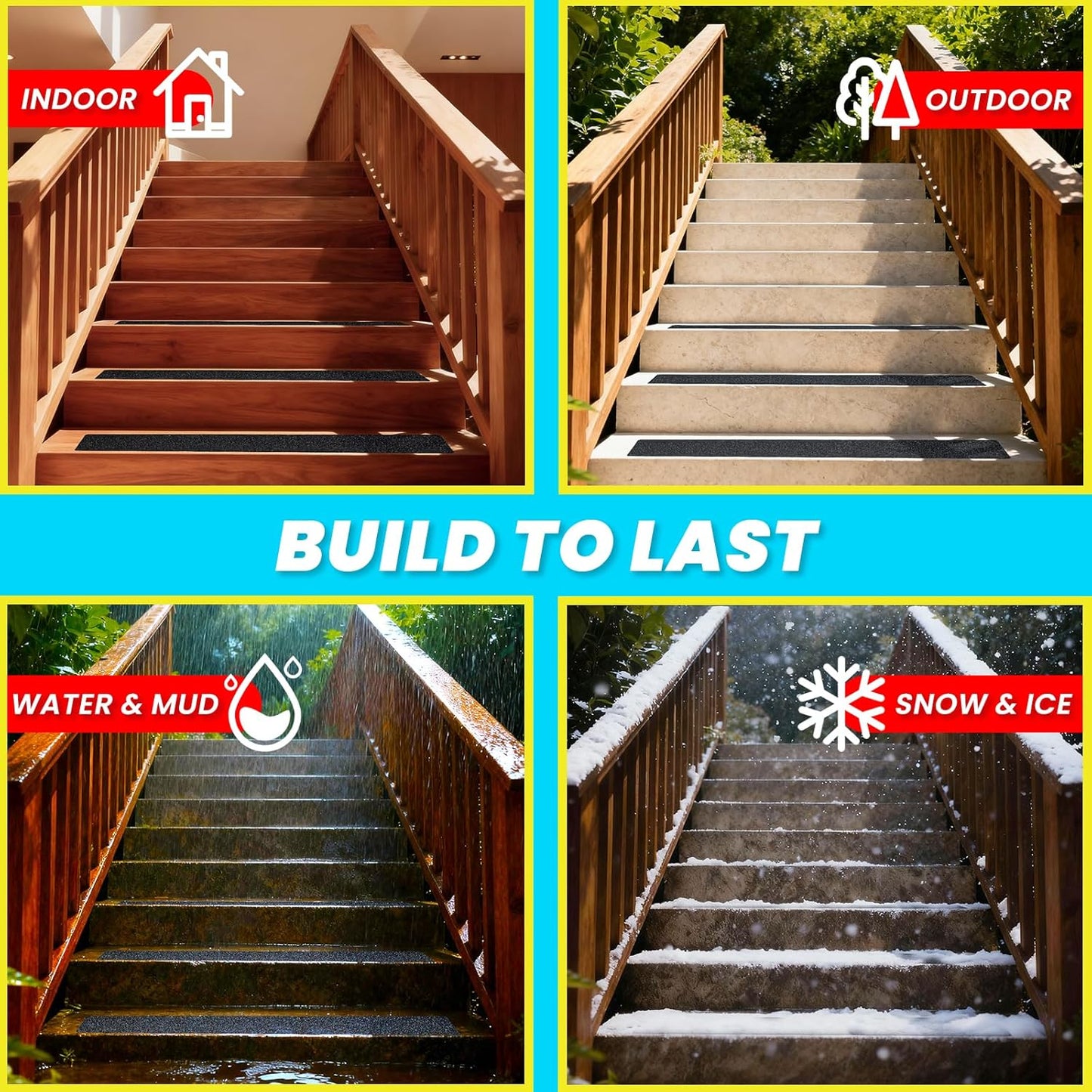 LifeGrip Outdoor Stair Treads Non-Slip 12 Pack, 6"x32" Waterproof Grip Tape for Wooden Steps, Deck, Porch - 80-Grit Adhesive Strips for Dogs, Kids & Elderly Safety