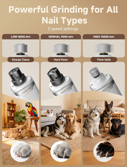 Dog Nail Grinder, Quiet Electric Dog Nail Trimmer with 2 LED Lights, 3-Speed Pet Nail Grinder for Dogs & Cats, Rechargeable 2000mAh Nail Grinder for Small Medium Large Dogs with Light, White