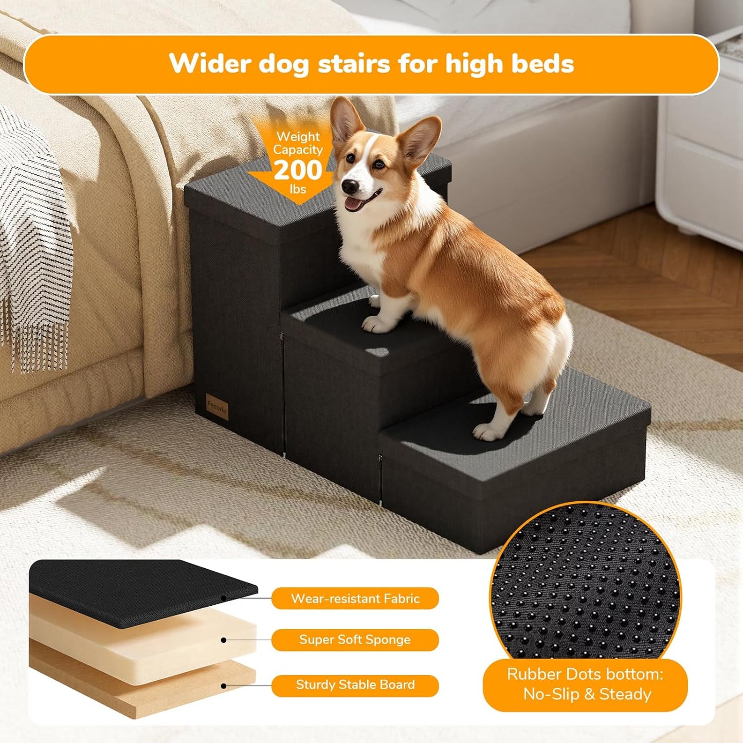 3-Step Wide Dog Stairs with Hidden Storage 18" H, Non-Slip Dog Steps for High Bed Couch Window Car, Jiont-Friendly Pet Stairs Ramp for Small/Medium/Large Old Dogs Cats Up to 200lbs, Grey