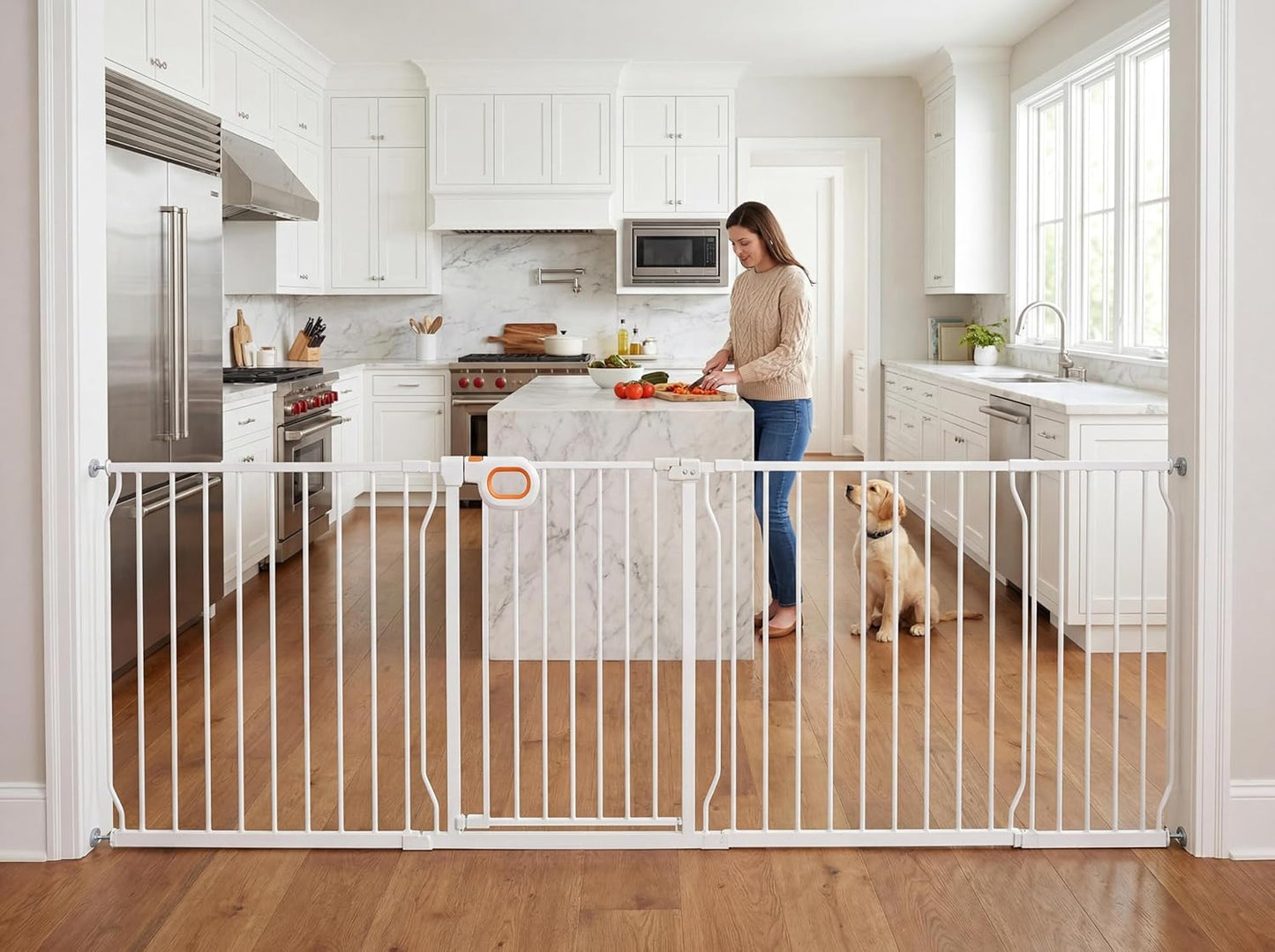 Baby Gates Extra Wide for Large Opennings with Door Pressure Mounted 90.6-95.2 Inch Extra Wide Baby Gate Dog gate for Doorways Indoor Metal Gate No Drilling with Walk-Through Door,White