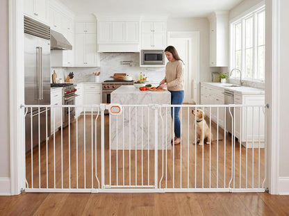 Baby Gates Extra Wide for Large Opennings with Door Pressure Mounted 90.6-95.2 Inch Extra Wide Baby Gate Dog gate for Doorways Indoor Metal Gate No Drilling with Walk-Through Door,White
