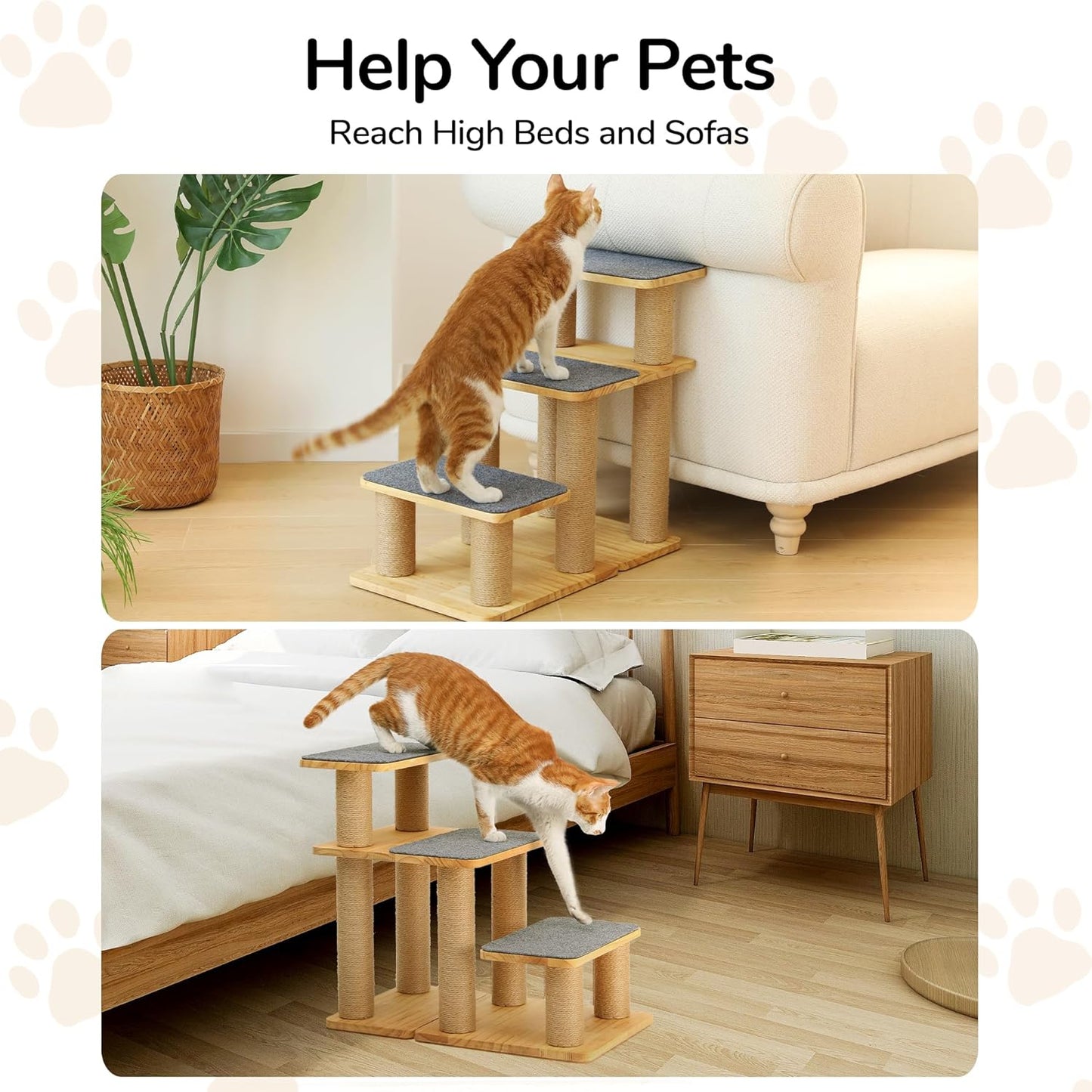 FUKUMARU 3-in-1 Pet Stairs, Retro-style Dog Steps for Cats and Small Dogs, Wooden Cat Stairs for High Bed with Scratching Post, Dog Ramp for Couch with Cat Condo Cave, Easy to Clean & Aesthetic Design
