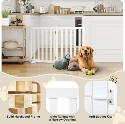 36" Height Extra Tall Freestanding Pet Gate, Solid Wood Folding Safety Fence Wooden Dog Gate with 2 PCs Support Feet Ideal for Stairs, Doorways, Halls, Kitchens, Heavy Duty Gates, 3 Panels, Oak