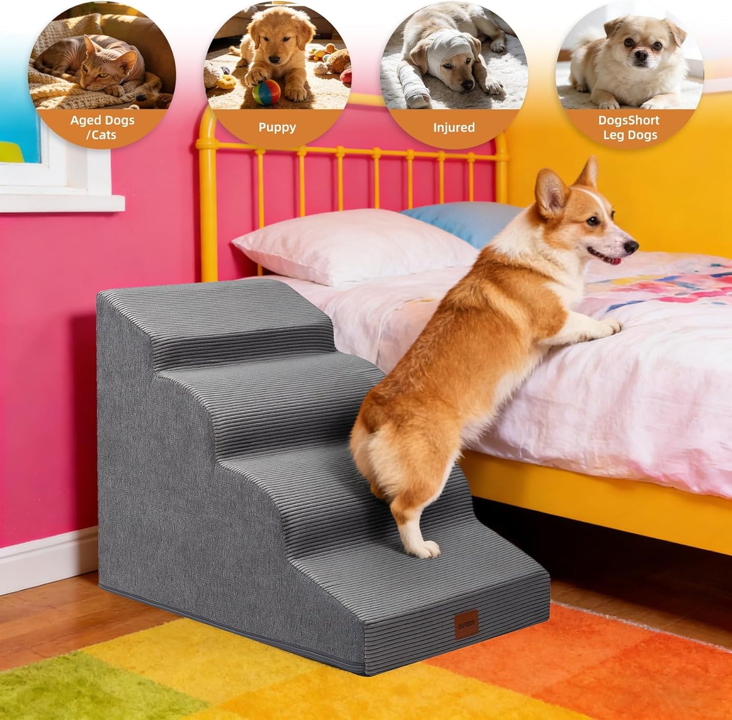 Dog Stairs for Small Dogs and Cats, 15.7" H, 3-Step Curved Pet Ramp for Couch Sofa and Chair, Non-Slip Medium Pet Steps with High Density Foam, Beige