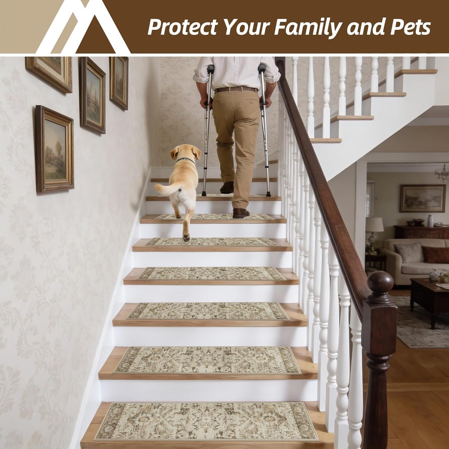 COSY HOMEER-Stair-Treads-for-Wooden-Steps Washable Indoor Stair Treads Non Slip 8" X 30" Soft Stair Carpet Treads Reusable Peel and Stick Stair Runner Rug for Kids, Elders and Pets 15pcs