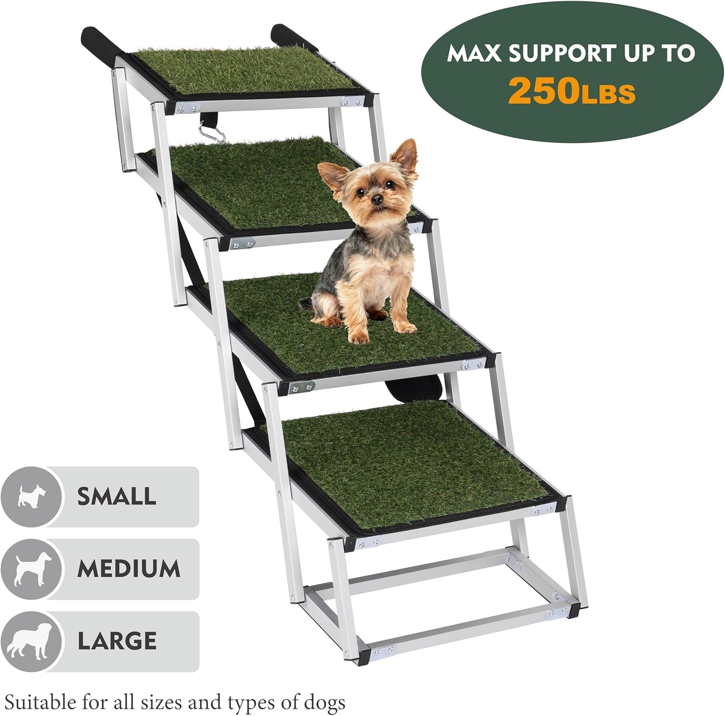 Foldable Dog Stairs for Cars, 4 Steps Wide Dog Ramp for Large Dogs with Non-Slip Surface, Lightweight Aluminum Foldable Steps for High Beds, Cars, SUVs, Trucks, Supports up to 250 lbs