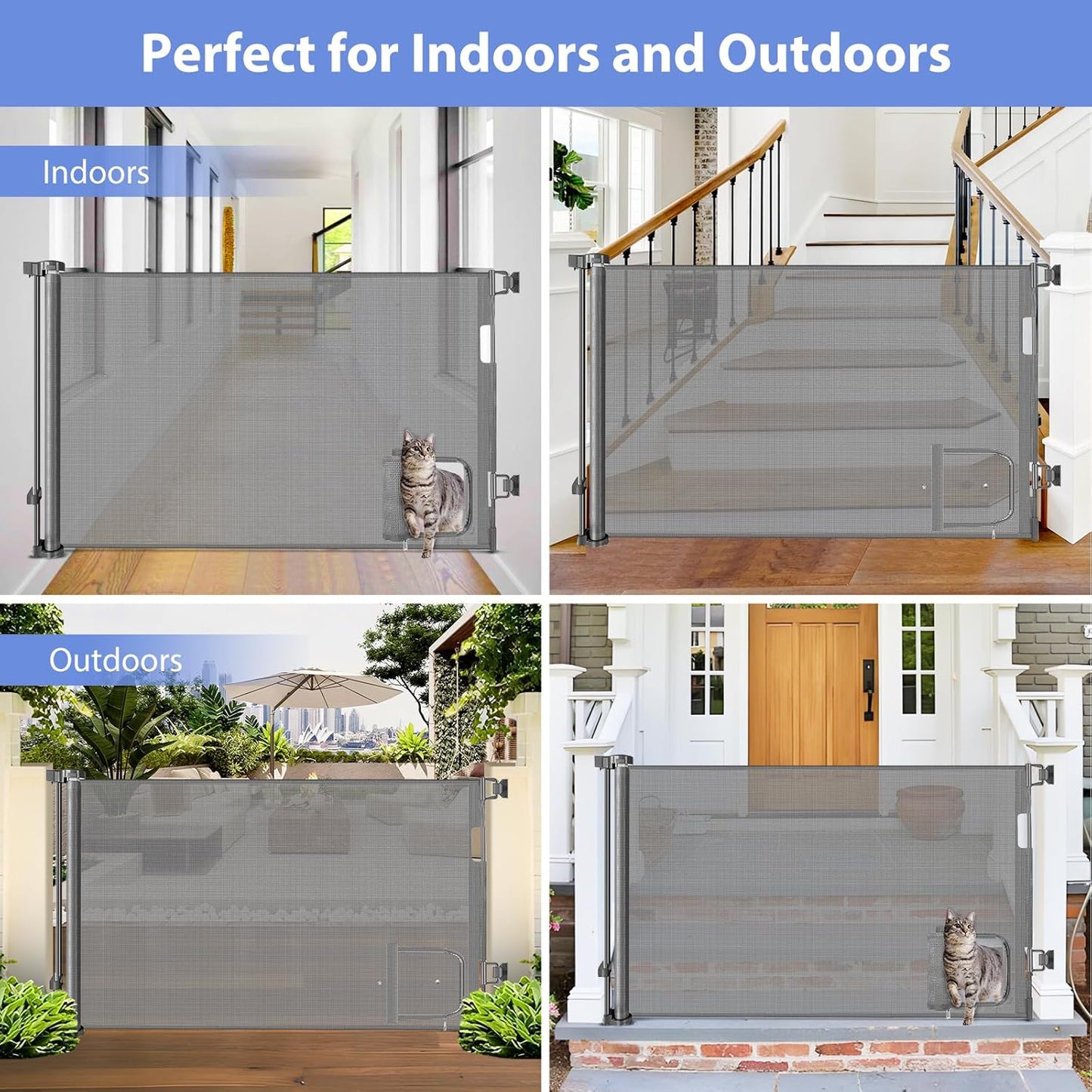 Retractable Baby Gates with Door 55" Wide Retractable Dog Gate with Pet Door Outdoor Retractable Gate for Dogs Mesh Baby Gate Retractable Pet Gate with Cat Door Retractable Child Gates for Doorways