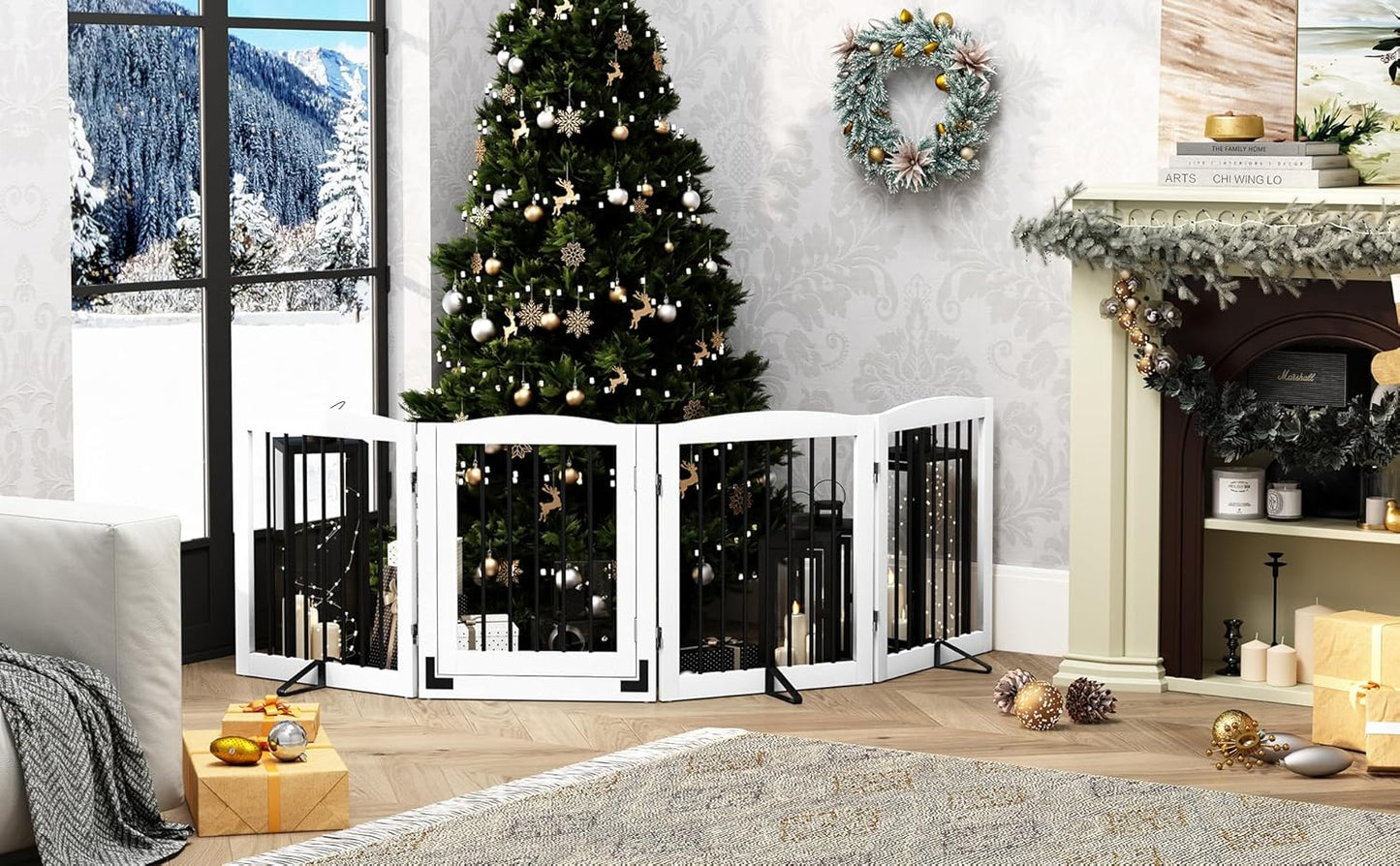 PUPETPO Freestanding Dog Gate with Door, Pet Gate for Stairs, 80 inch Wide Pet Barrier Indoor, Dog Fences Indoor, Support Feet Included, 4 Panels, 24" Tall, Dark Brown