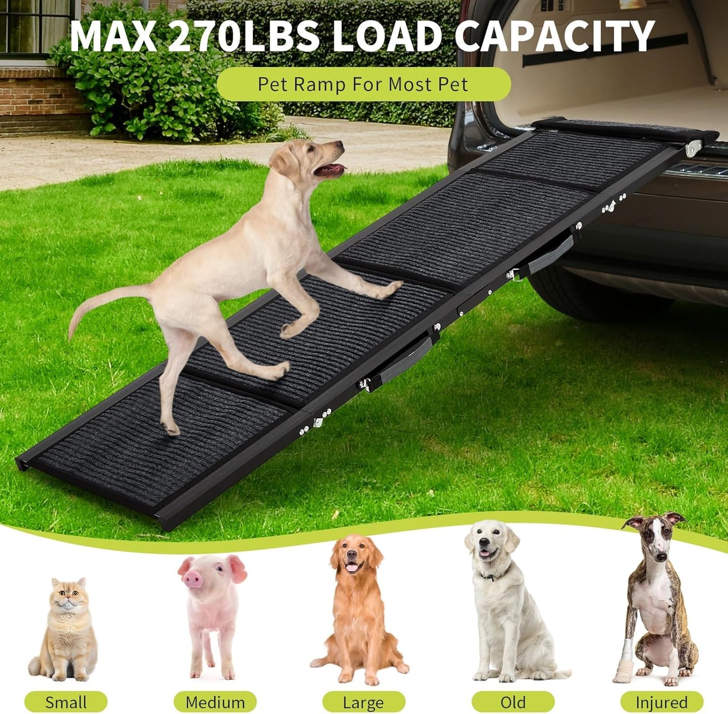 GarveeLife 63 in Long Dog Ramp for Cars, 20 in Wide Folding Pet Ramp for Large Dogs with Non-Slip Surface Portable Dog Car Ramp for SUV Car & Truck, Outdoor Dog Ramp Up to 250 LBS