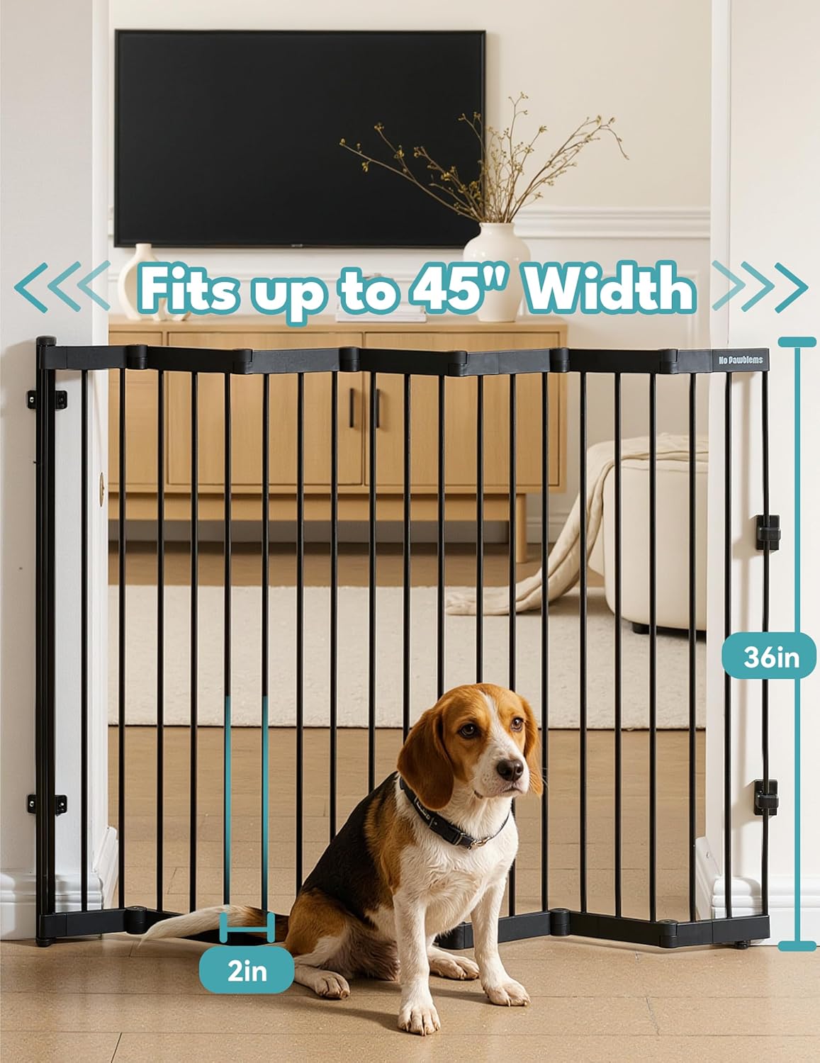 No Pawblems Retractable Safty Gate, Metal Adjustable Dog Gate for Doorways, Stairs & Hallways, Expands to 45" Wide, 36" Tall Gate, Auto Retract Design, No Bottom Bar, Black