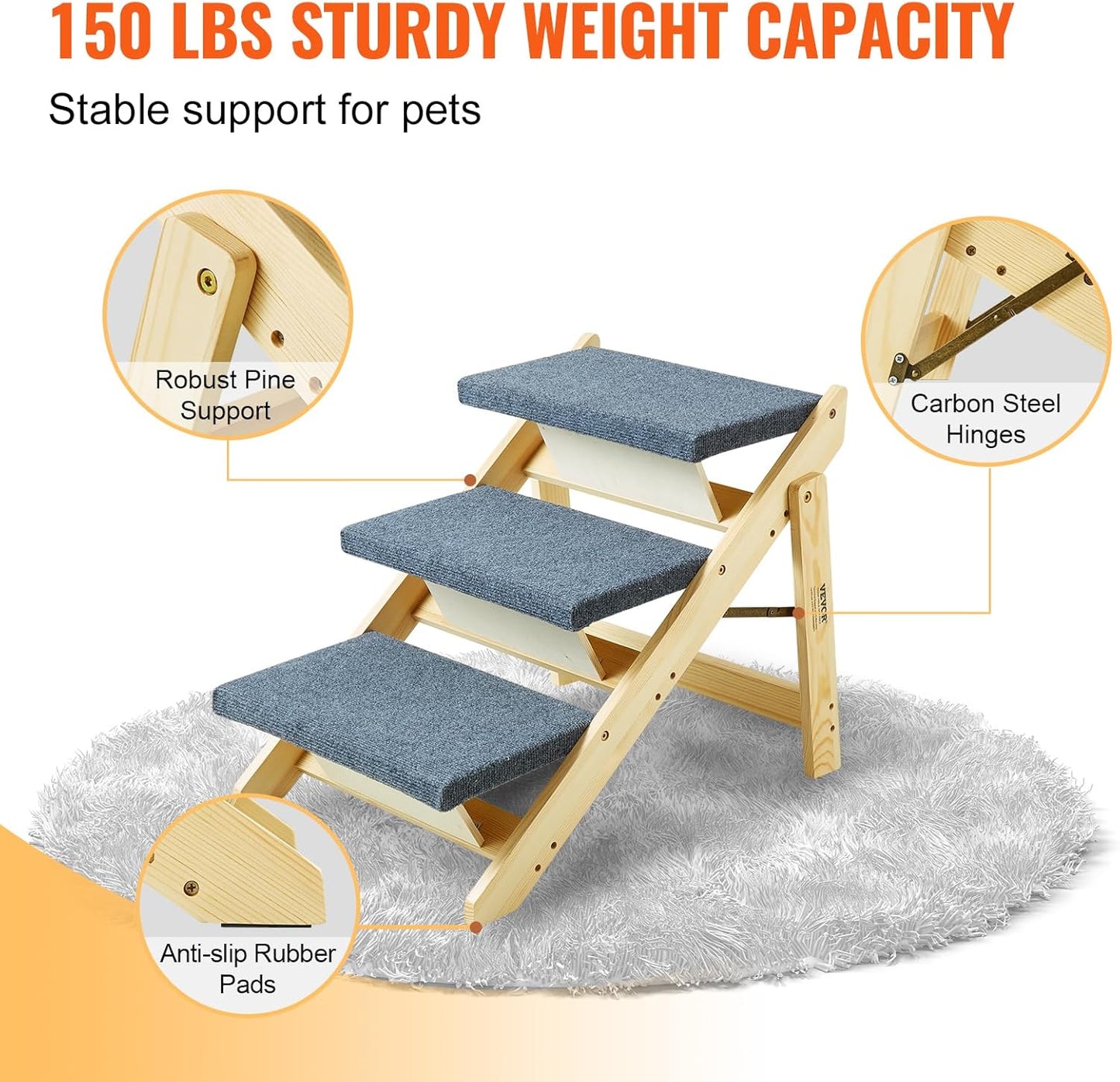 VEVOR Wood Pet Stairs, 2-Step Dog Stairs for Beds, Sofa & Cars, 110lbs Load Capacity, Floded Flat Design, Stable & Sturdy Cat & Dog Step Ladder for Small Medium Large Older Pet Puppy Essentials