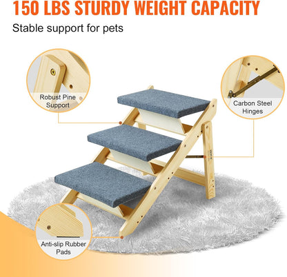 VEVOR Wood Pet Stairs, 2-Step Dog Stairs for Beds, Sofa & Cars, 110lbs Load Capacity, Floded Flat Design, Stable & Sturdy Cat & Dog Step Ladder for Small Medium Large Older Pet Puppy Essentials