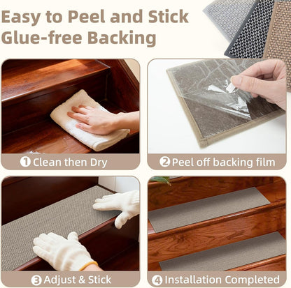Art3d Stair Treads for Wooden Steps 15Pcs, 8" X 30" X 0.3" Non Slip Stair Runner Rugs with Reusable Adhesive for Elders Kids and Dogs, Washable Peel and Stick Stair Treads Carpet, Gray